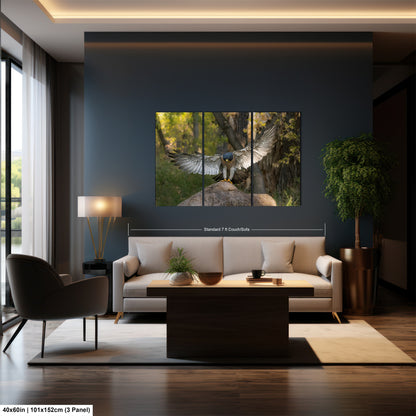 a modern living room with a large wall art piece featuring a bird in flight. The room is furnished with a sofa, chair, and coffee table, creating a comfortable and stylish atmosphere.