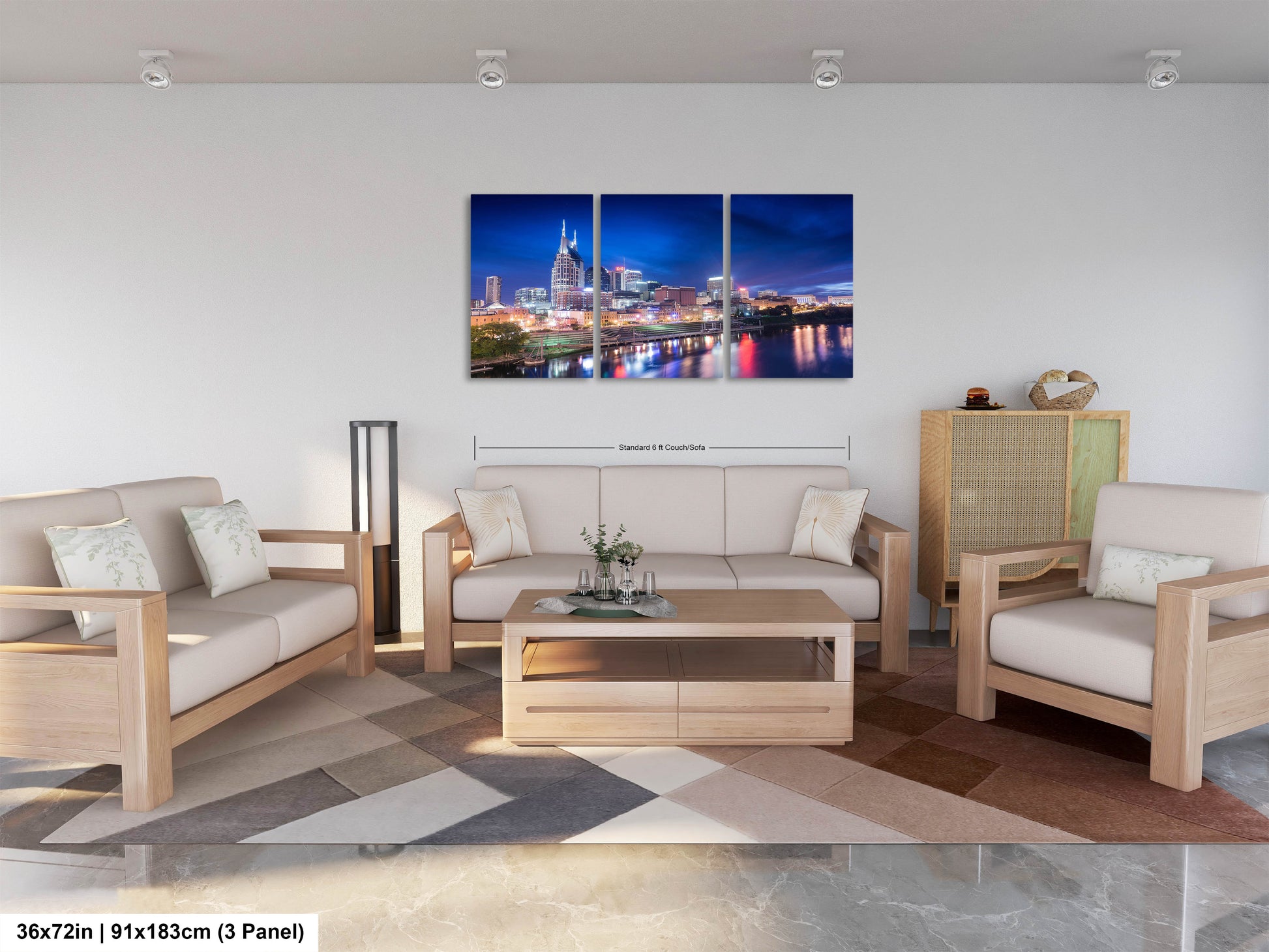 a living room filled with furniture and a painting on the wall
