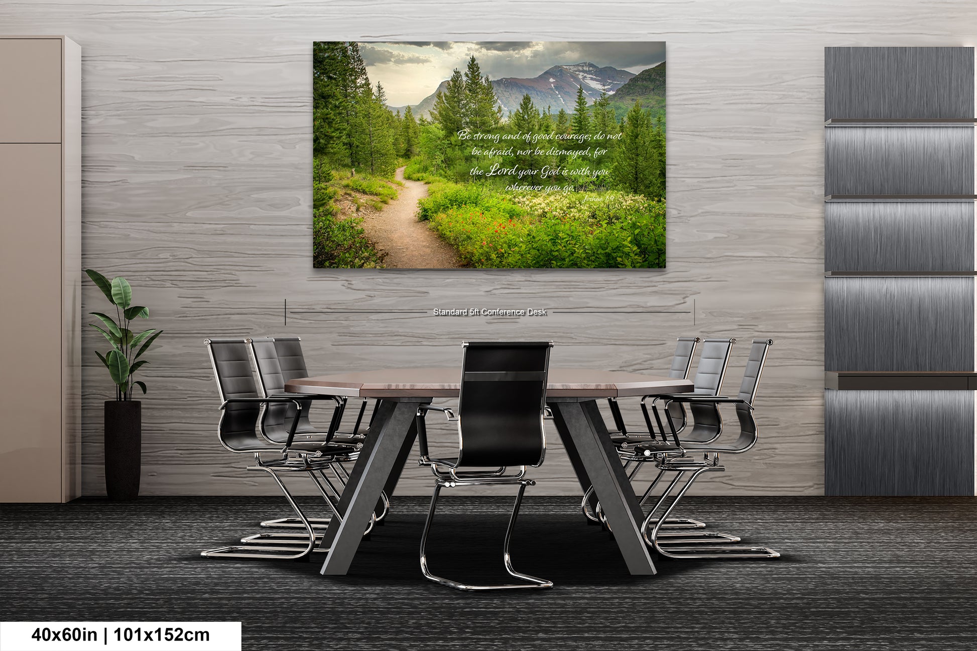 a dining room table with chairs and a picture on the wall