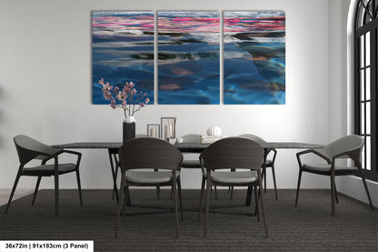 a dining room table with four chairs and a painting on the wall