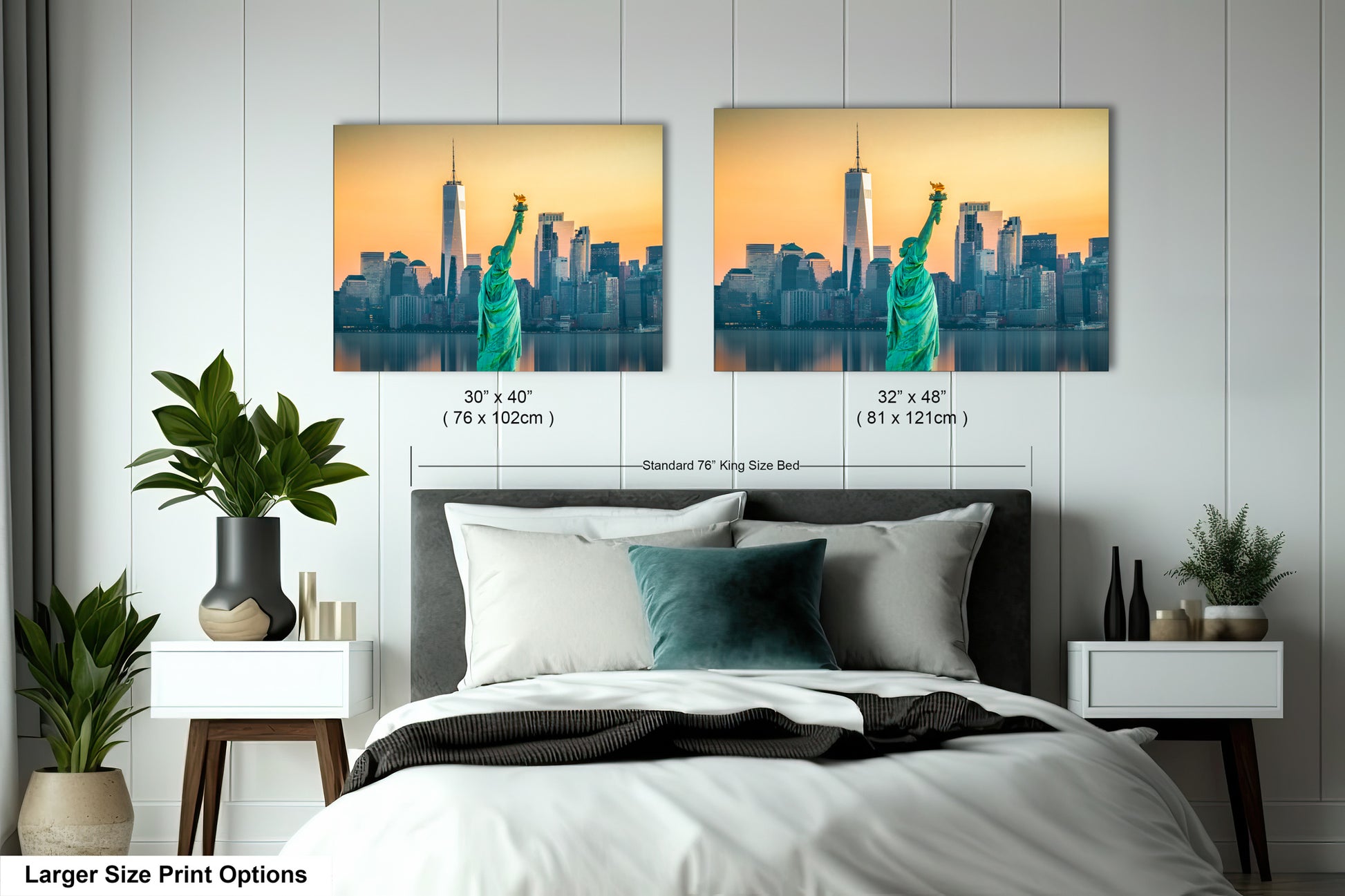 a bed with two pictures of the statue of liberty