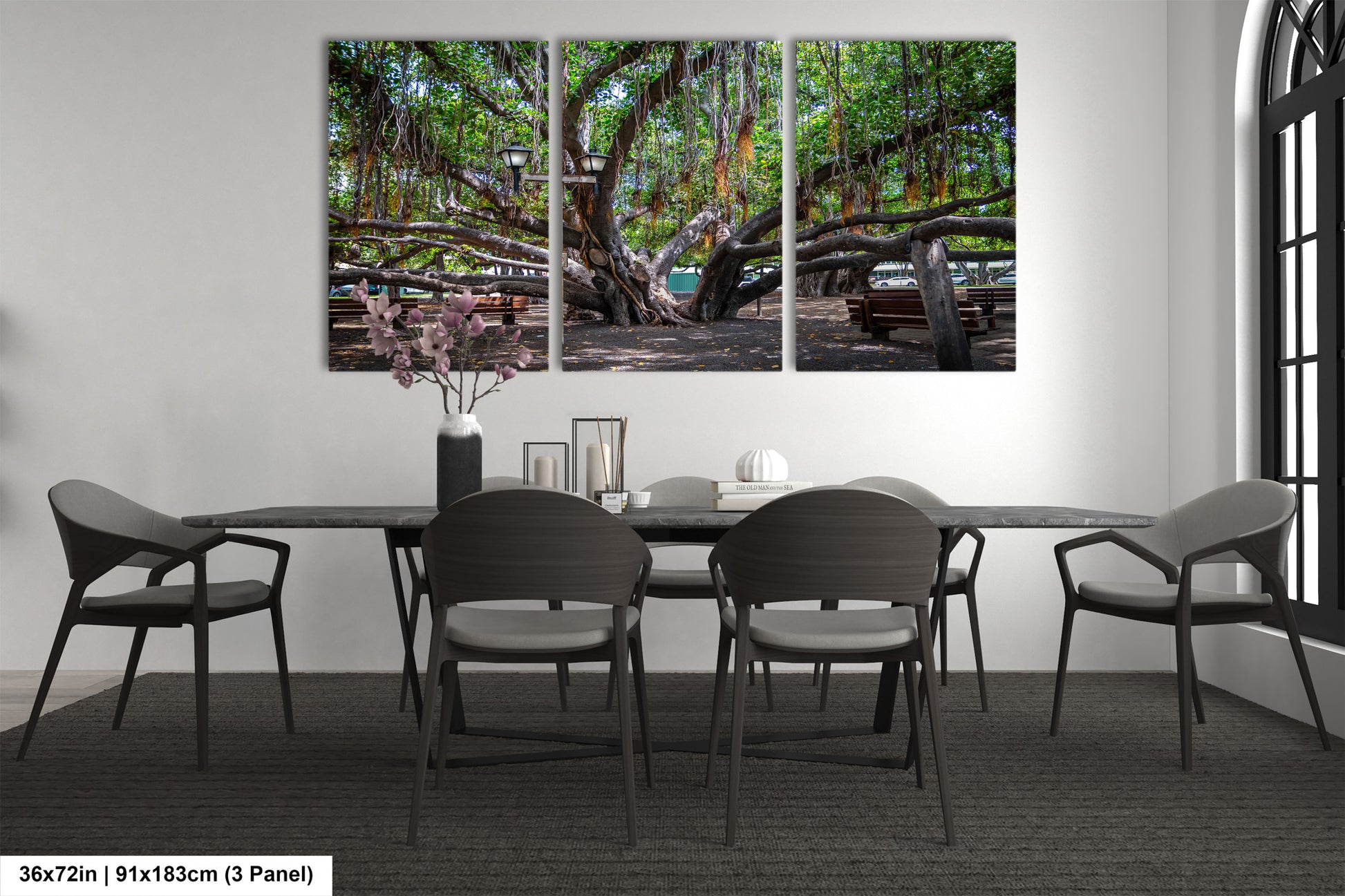 a dining room with a table and chairs