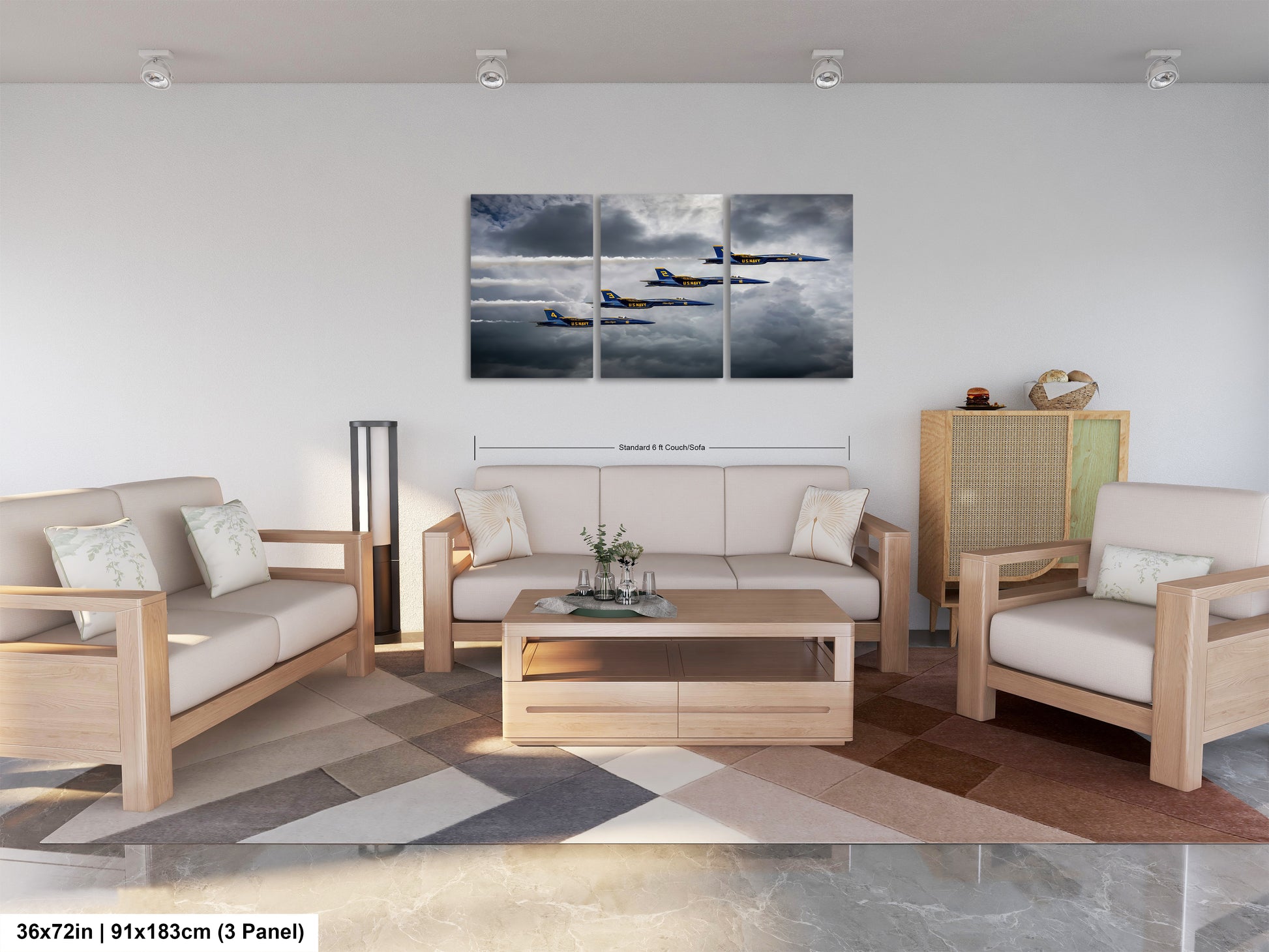 a living room filled with furniture and a painting on the wall