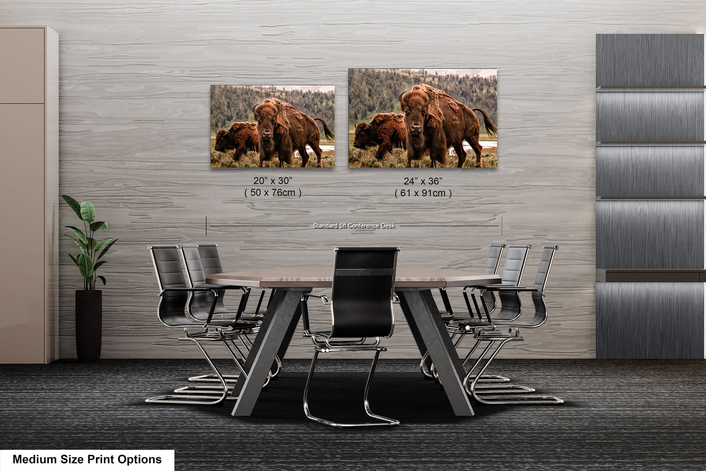 a dining room table with chairs and a picture of a bison