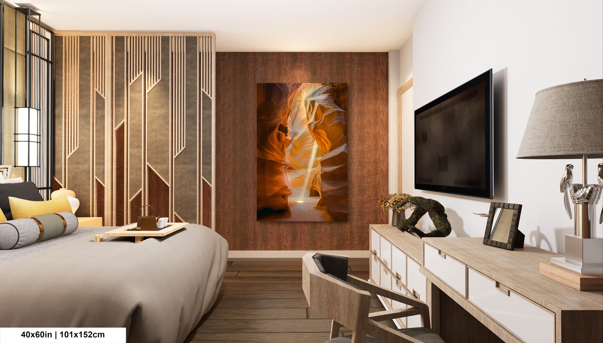 a bed room with a neatly made bed and a flat screen tv