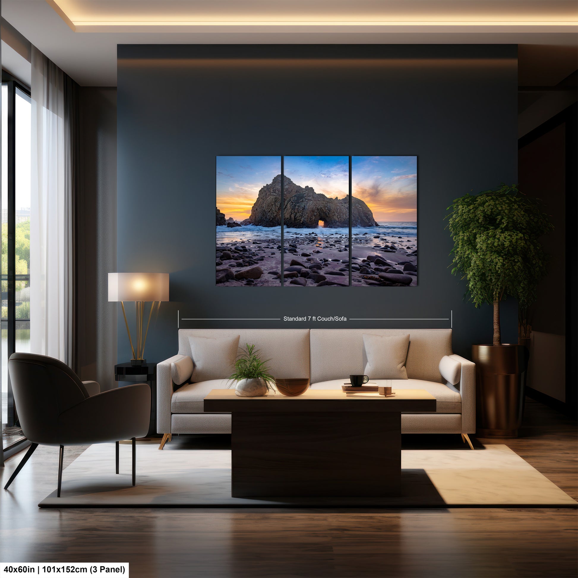 a living room with a couch and a painting on the wall