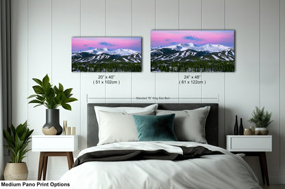 a bedroom with a bed and two pictures on the wall