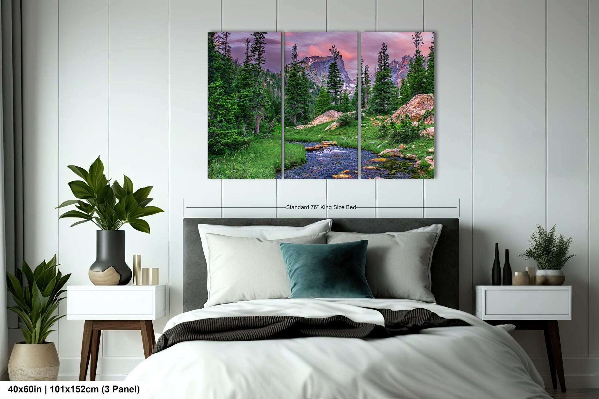 a bedroom scene with a bed and a painting on the wall