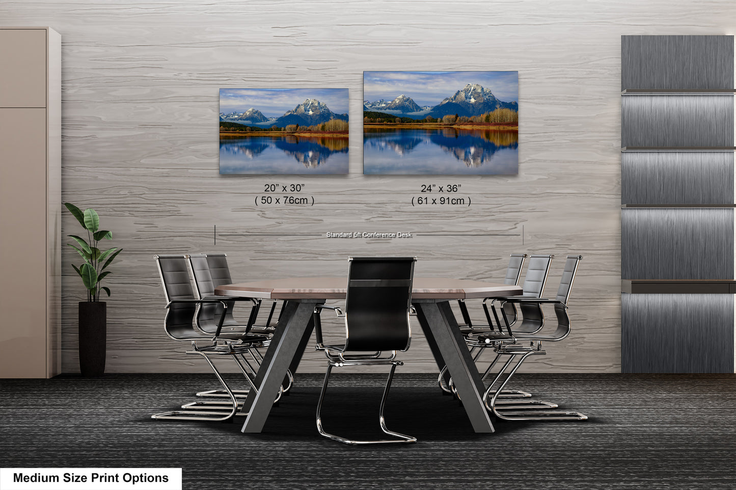 a dining room table with chairs next to a wall with pictures of mountains on it