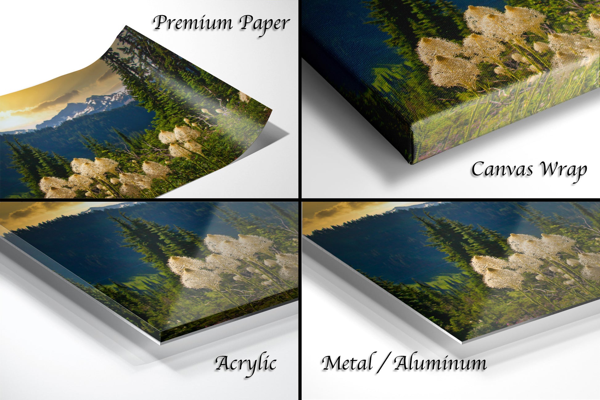 a series of four images of a mountain landscape