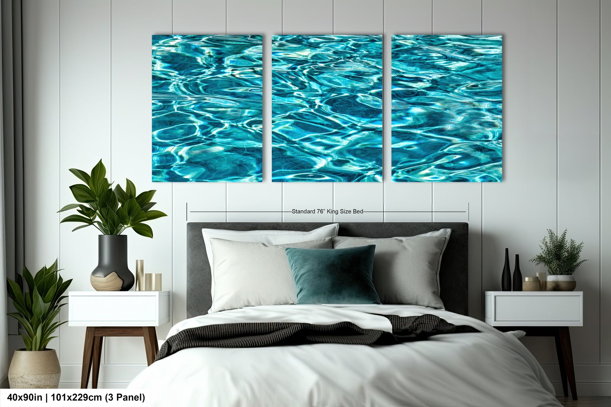 a bedroom with a large, three-panel artwork of water on the wall above a bed. The artwork features a close-up view of water, creating a serene and calming atmosphere. The room is decorated with potted plants, a vase, and other accessories, contributing to a cozy and inviting ambiance.