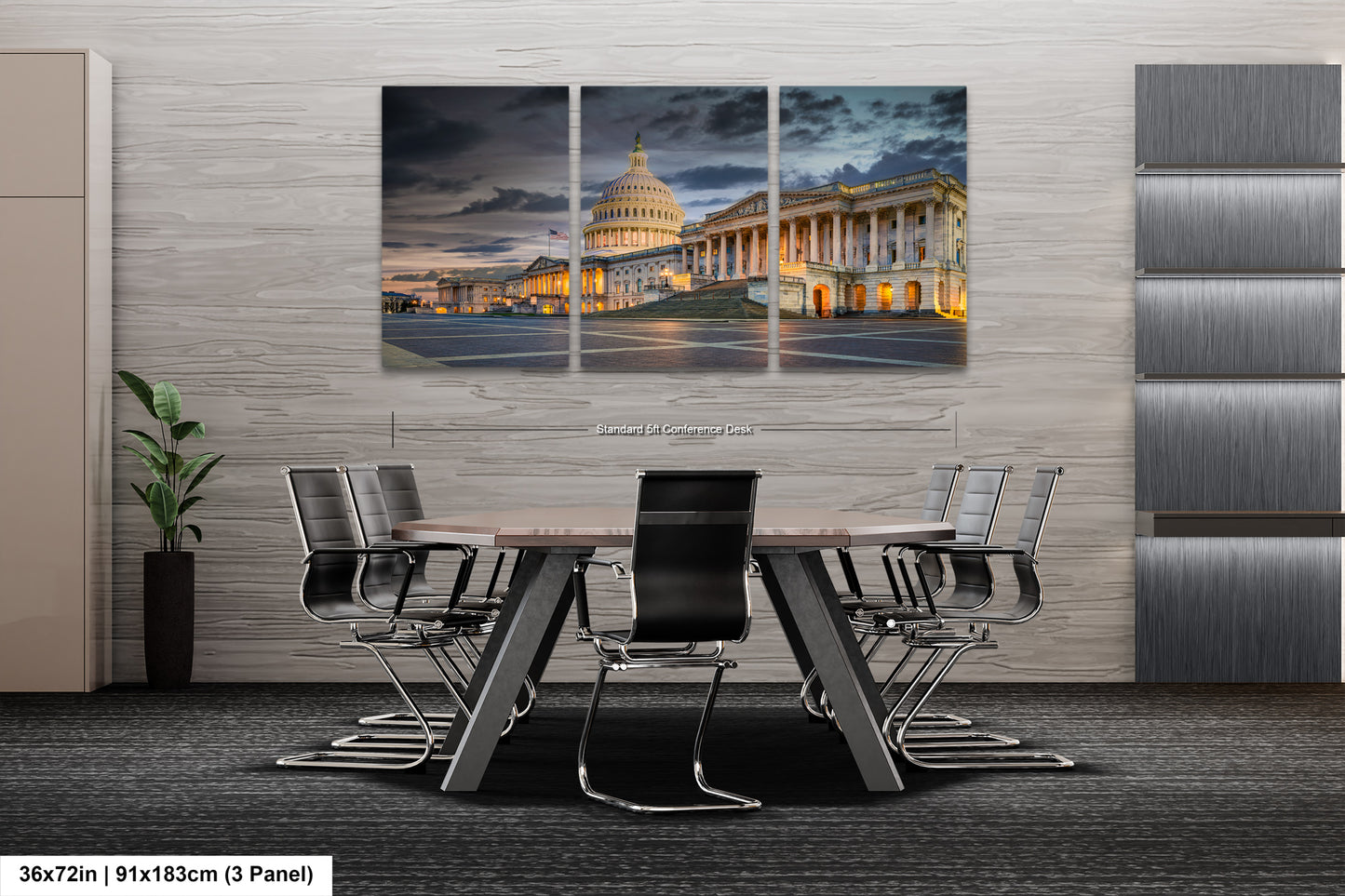 a dining room table with chairs and a picture of the capitol building