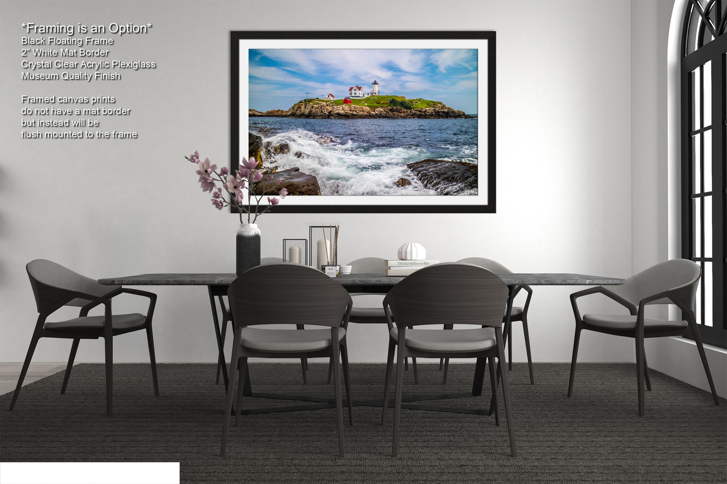 a dining room with a table and chairs and a picture hanging on the wall