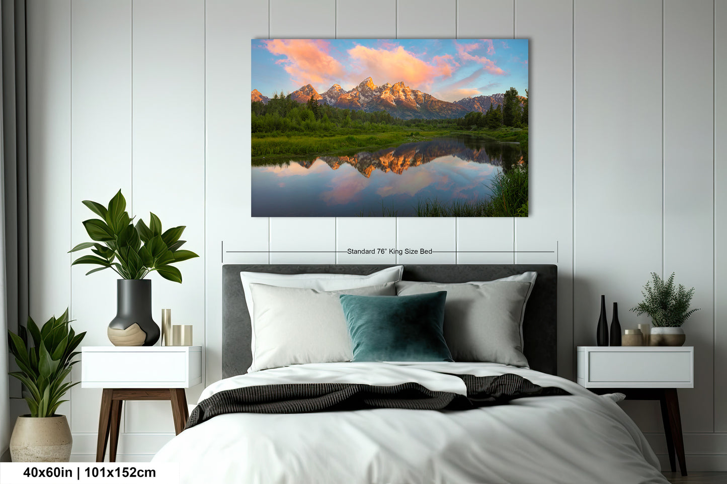 a bedroom with a bed and a painting on the wall