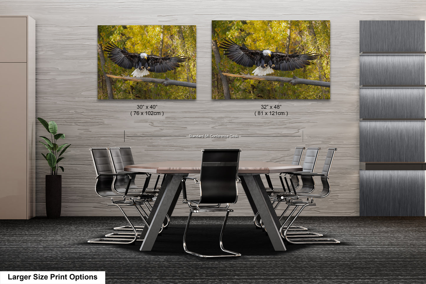 a dining room table with chairs and two pictures of an eagle
