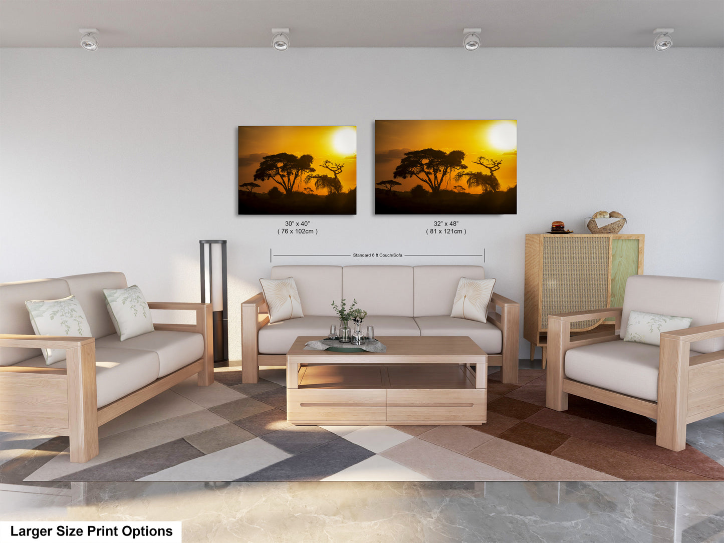 a living room filled with furniture and a painting on the wall