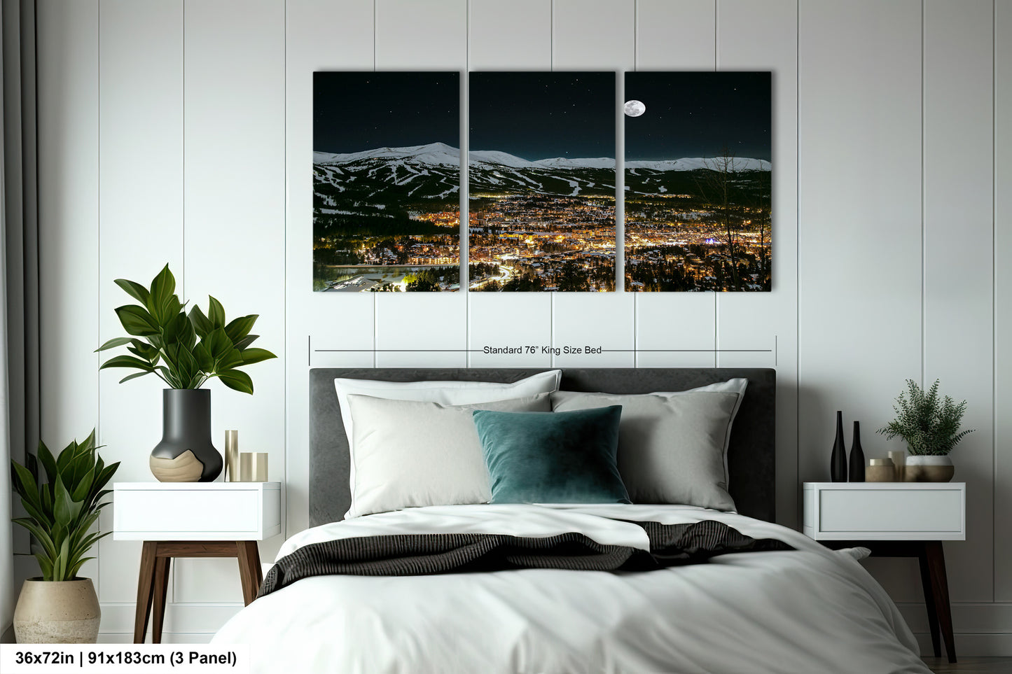 a bedroom scene with a bed and a night view