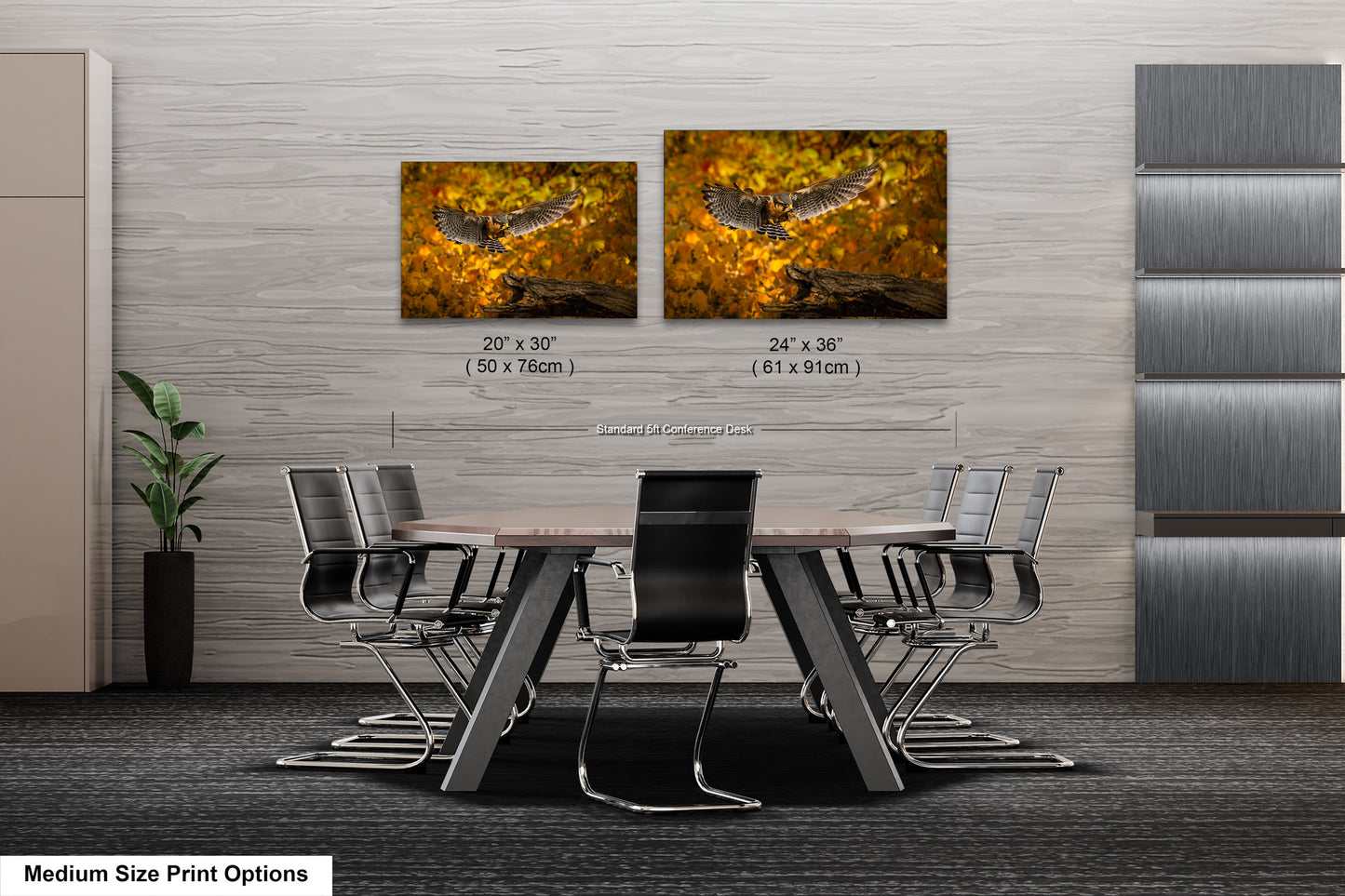 a dining room table with chairs and two pictures of a bird
