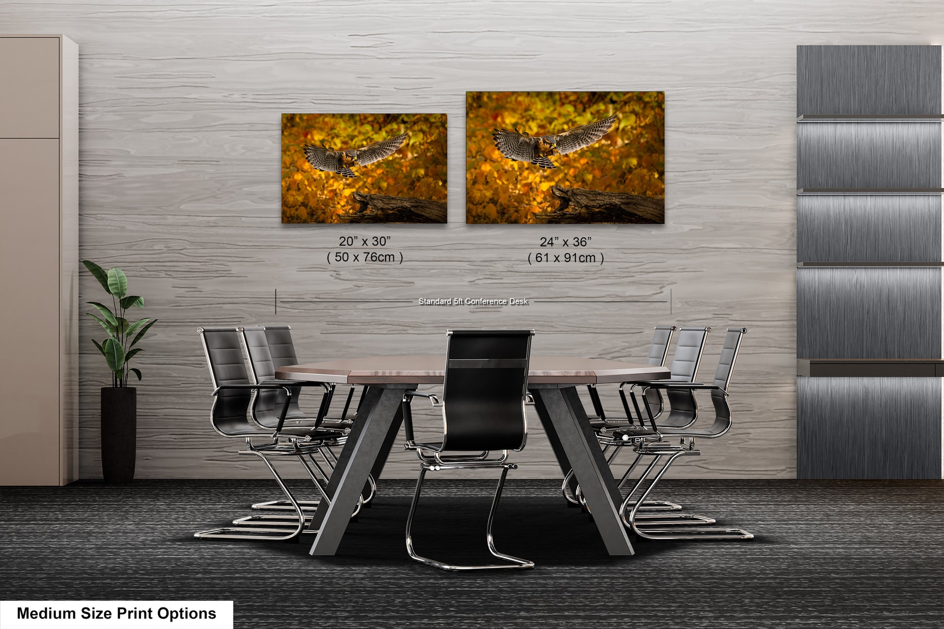 a dining room table with chairs and two pictures of a bird