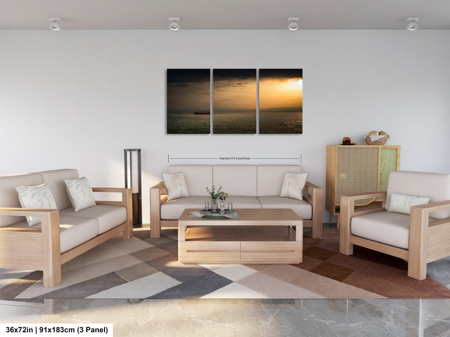 a living room filled with furniture and a painting on the wall
