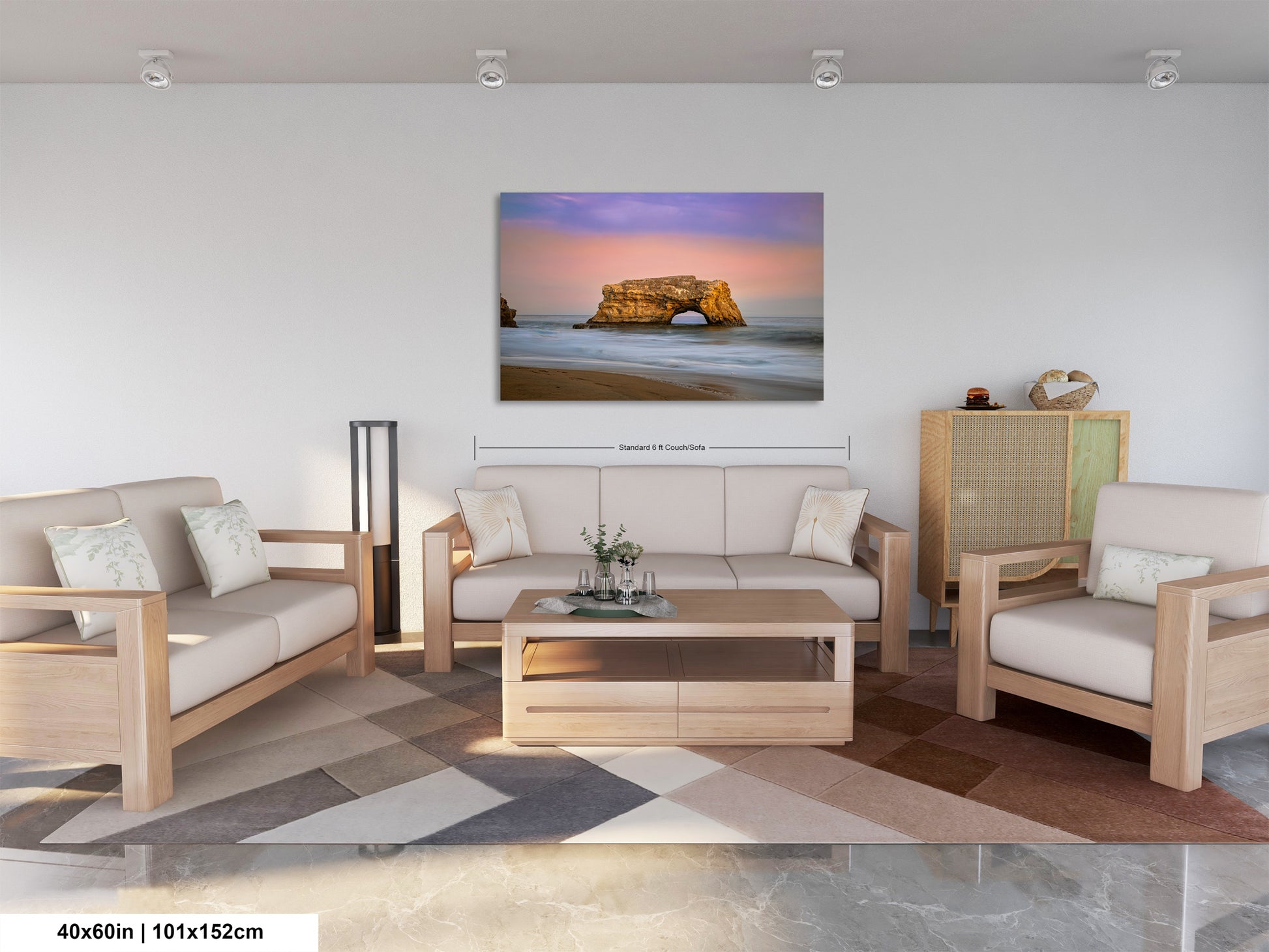 a living room filled with furniture and a painting on the wall