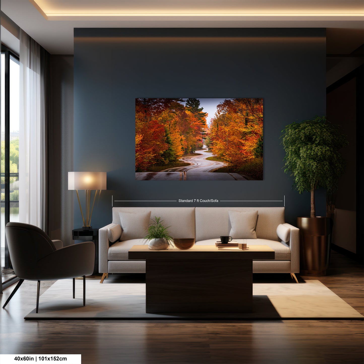 a living room with a large painting on the wall