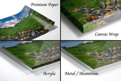 a series of four images of a mountain stream