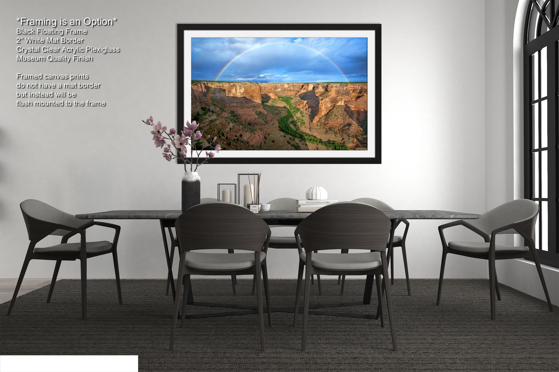 a picture of a dining room with a rainbow in the sky