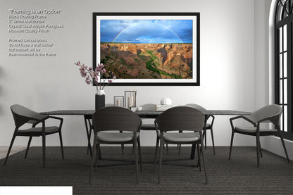 a picture of a dining room with a rainbow in the sky