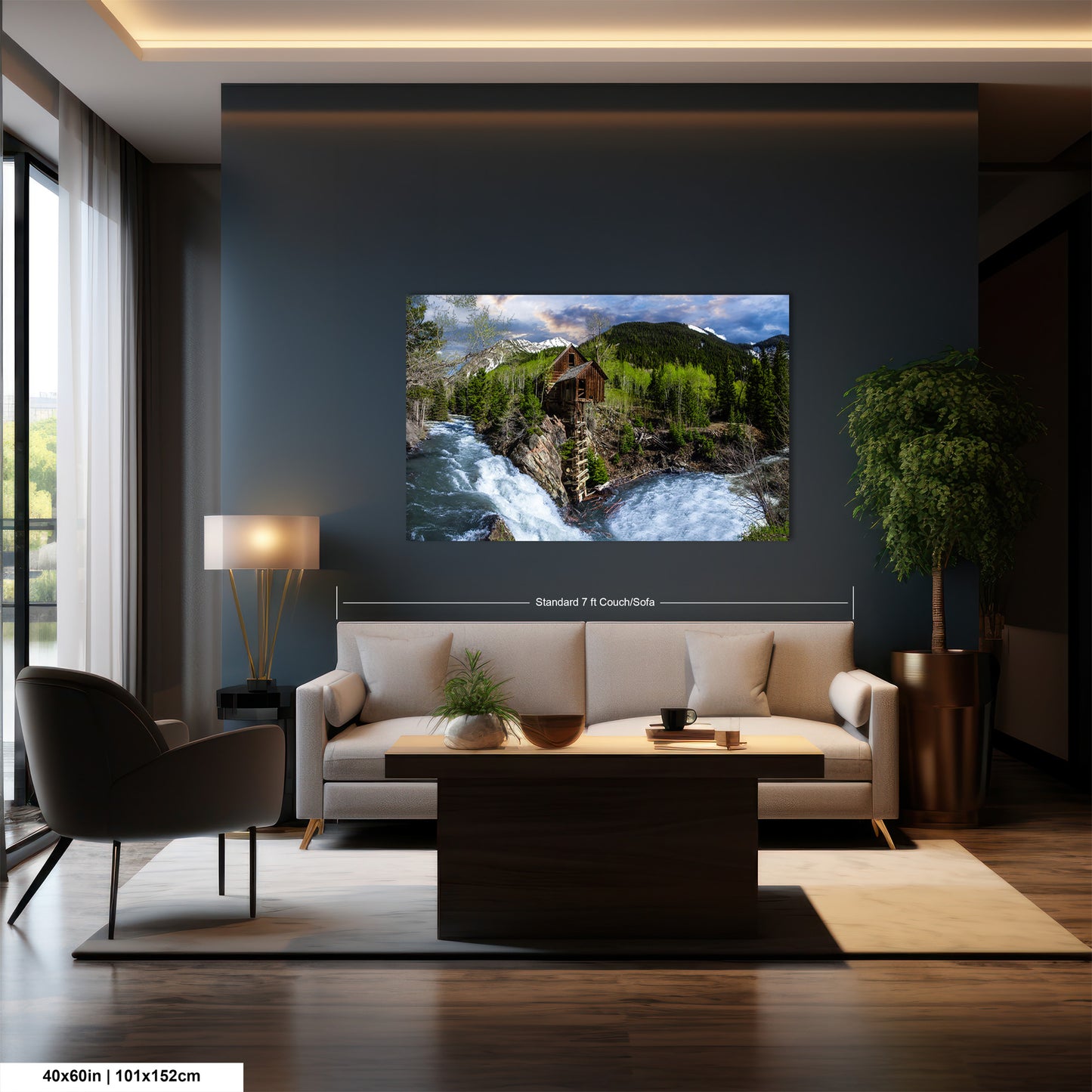 a living room with a couch, chair, table and television