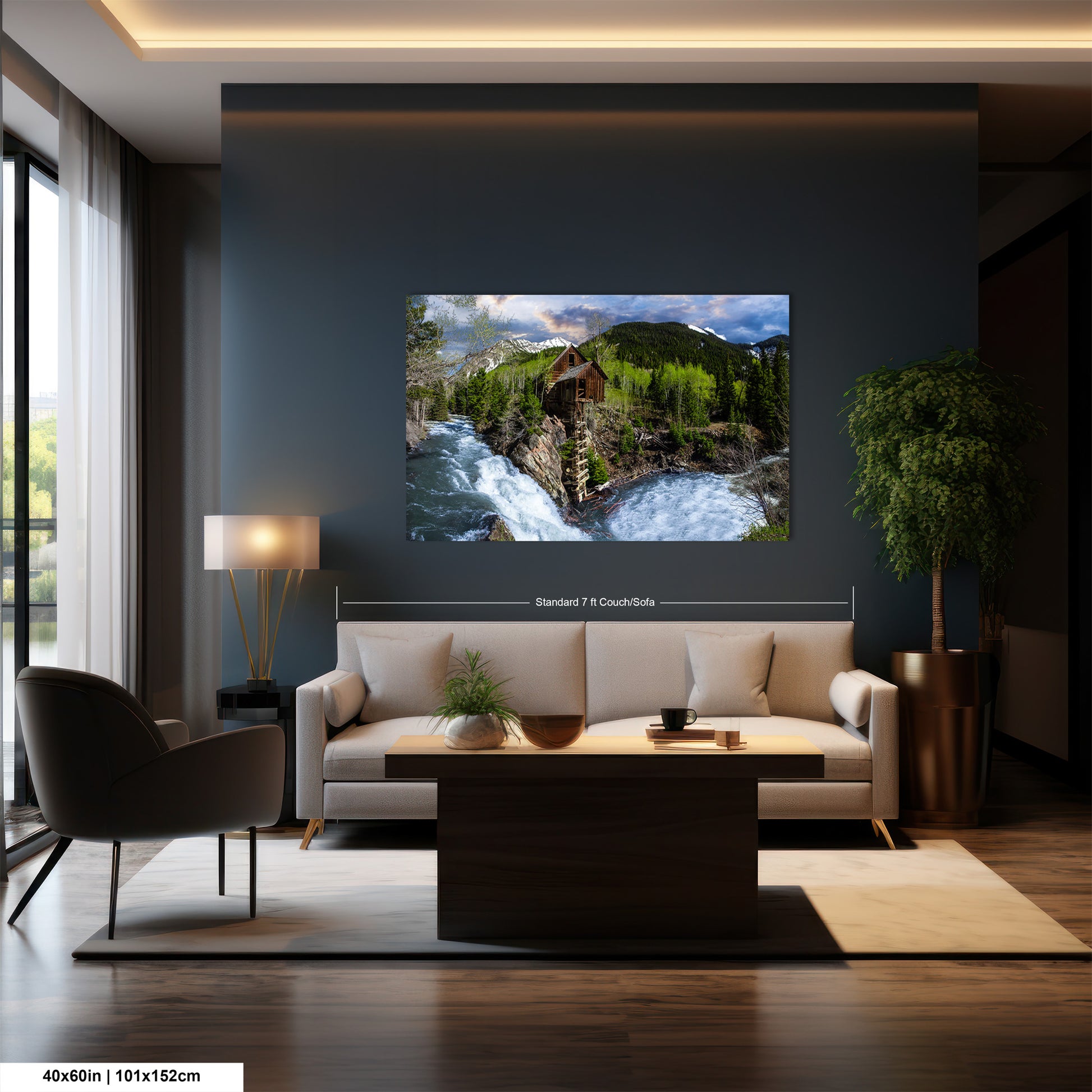 a living room with a couch, chair, table and television
