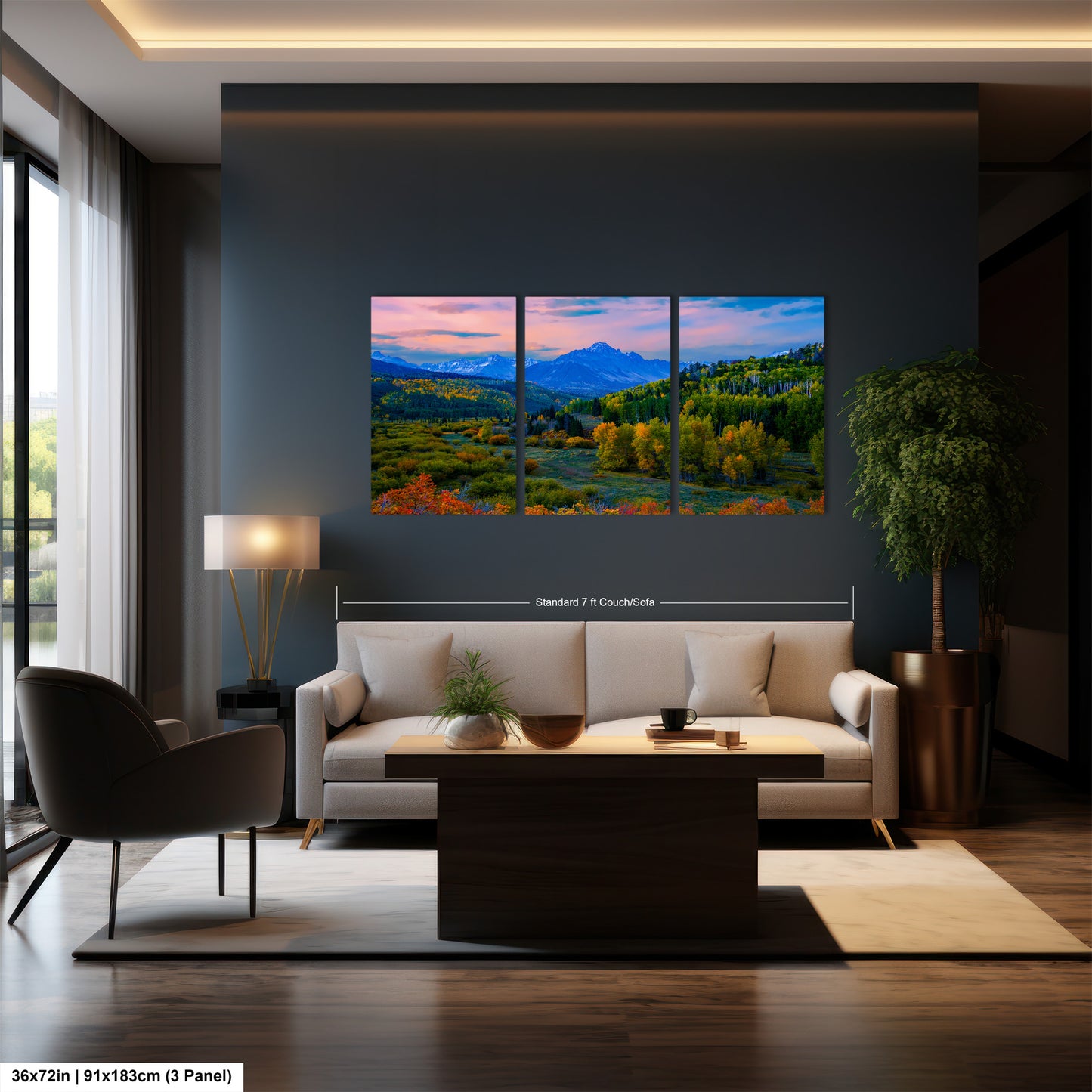 a living room filled with furniture and a painting on the wall