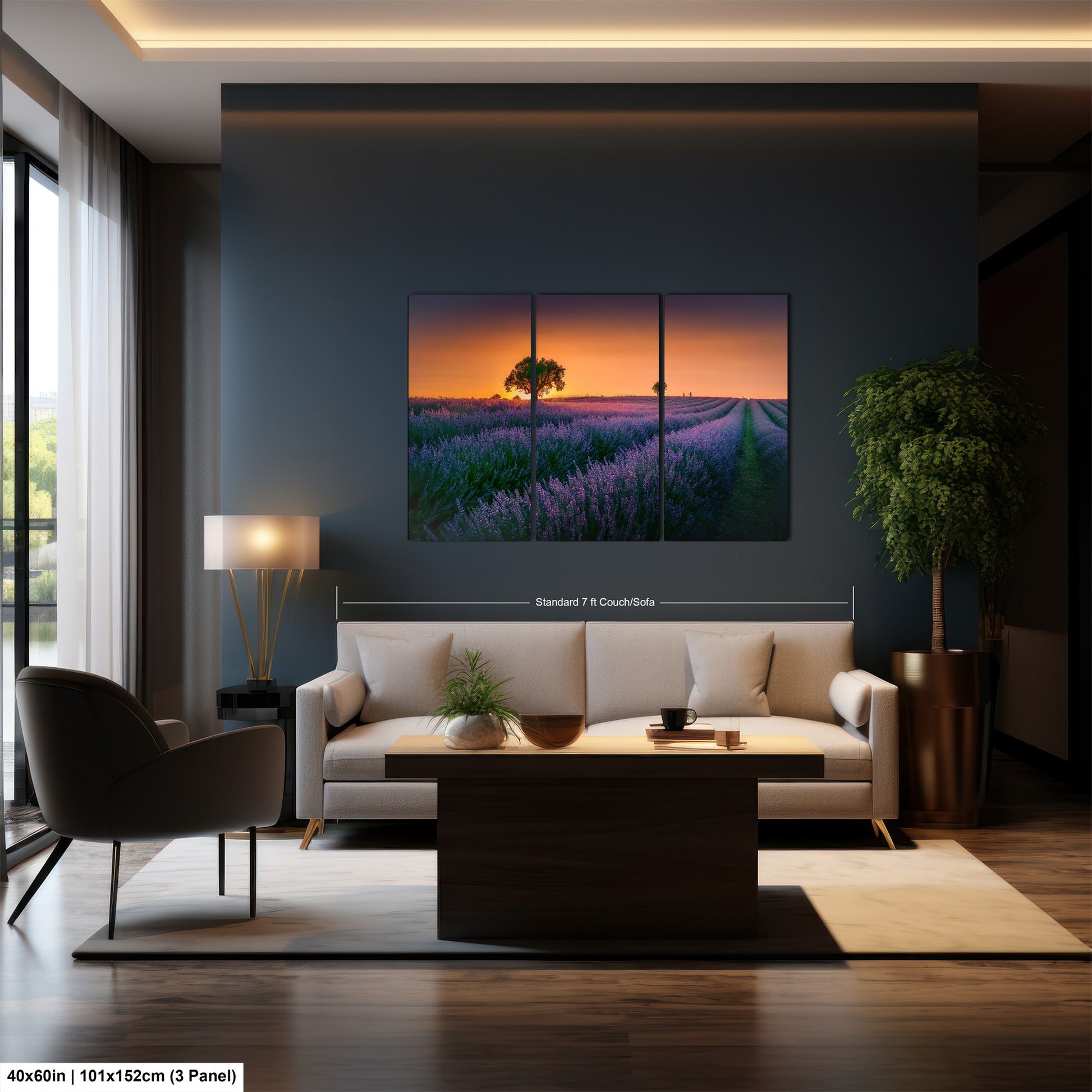 a living room with a couch a table and a painting on the wall