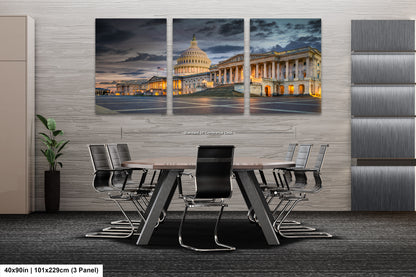 a dining room table with chairs in front of a picture of the capitol building