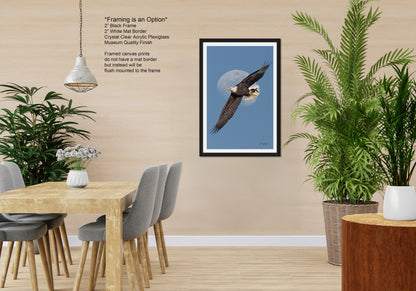 a modern dining room with a wooden table and chairs, a framed picture of a bald eagle in flight, and a potted plant. The room has a neutral color scheme and a minimalist design.