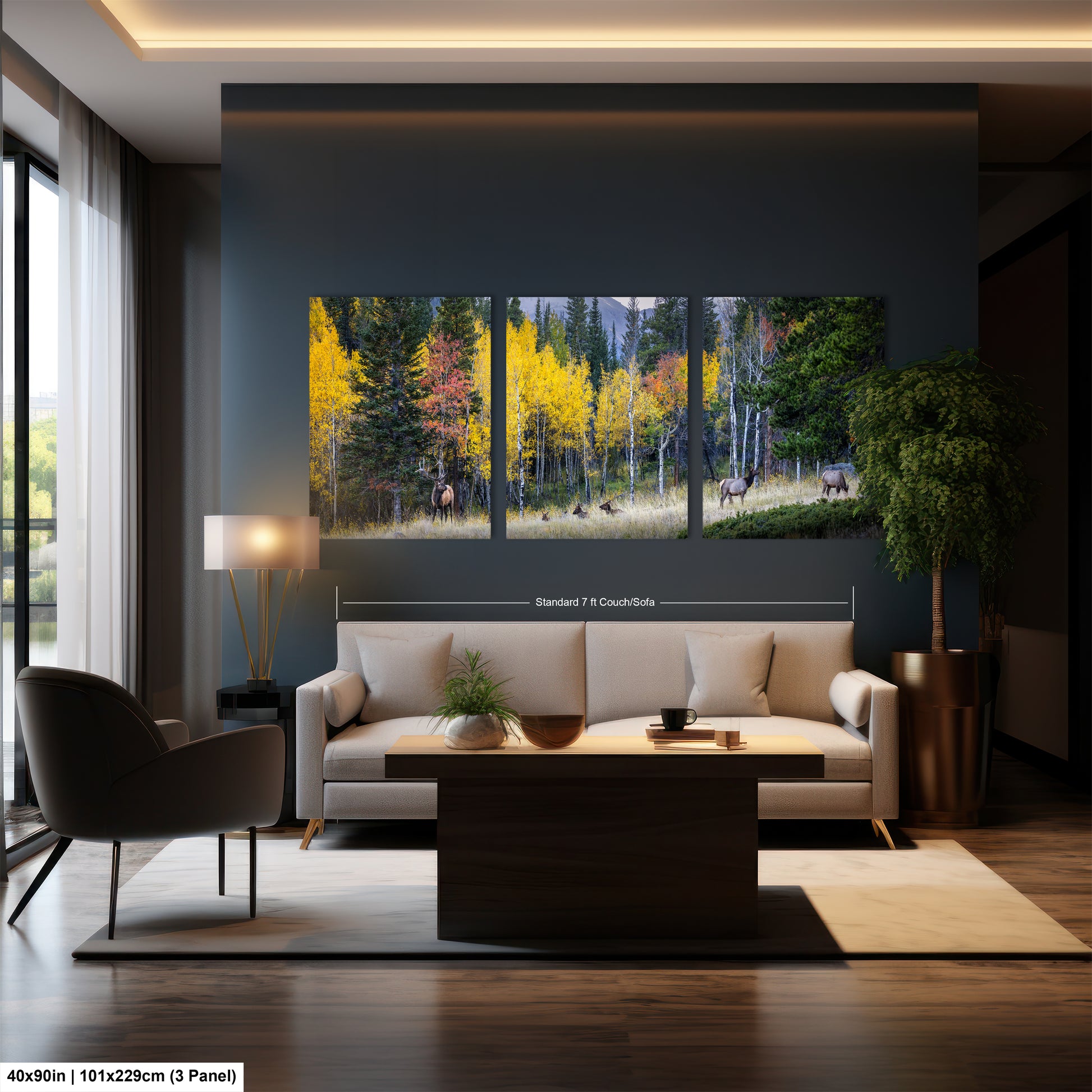 a living room filled with furniture and a painting on the wall