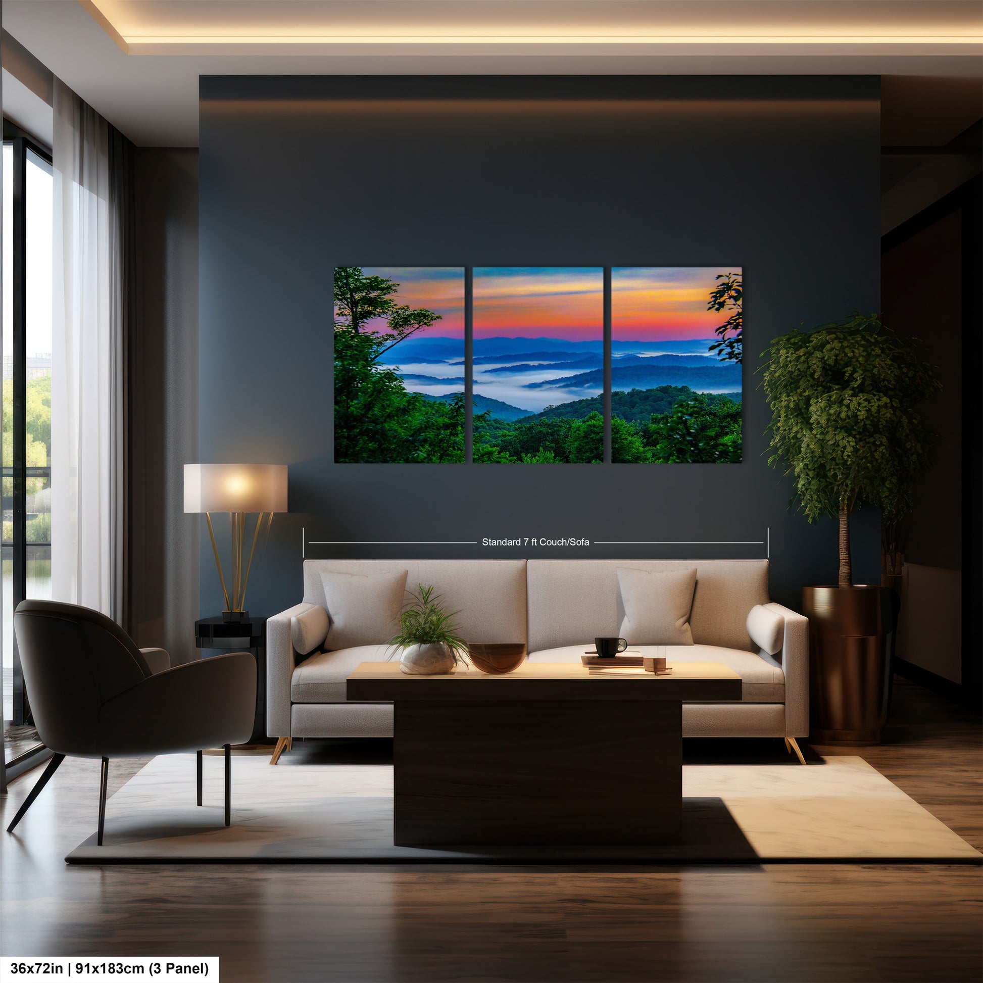 a living room filled with furniture and a painting on the wall