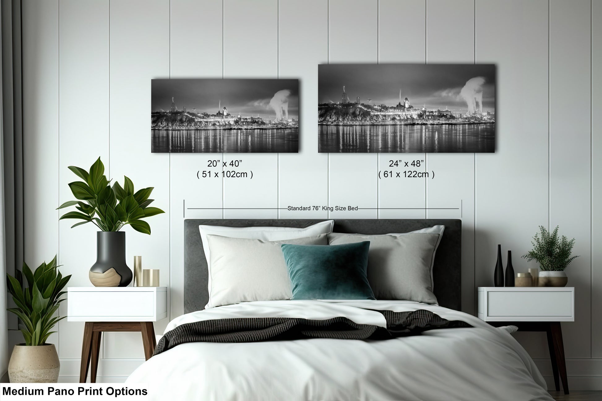 a bedroom with a bed and two pictures on the wall