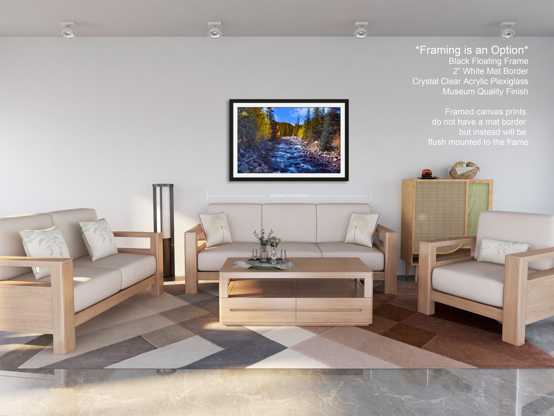 a living room filled with furniture and a painting on the wall