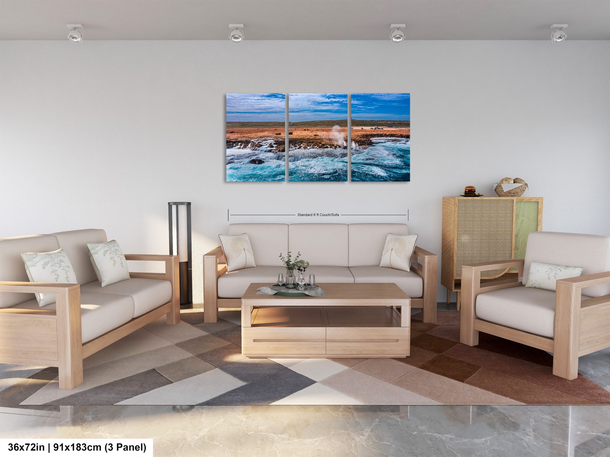 a living room filled with furniture and a painting on the wall