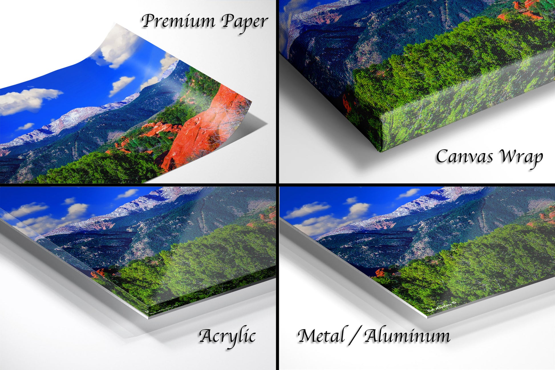 a series of four photos of a mountain range