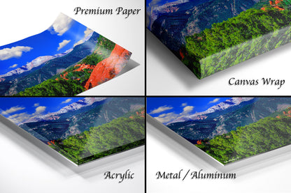 a series of four photos of a mountain range