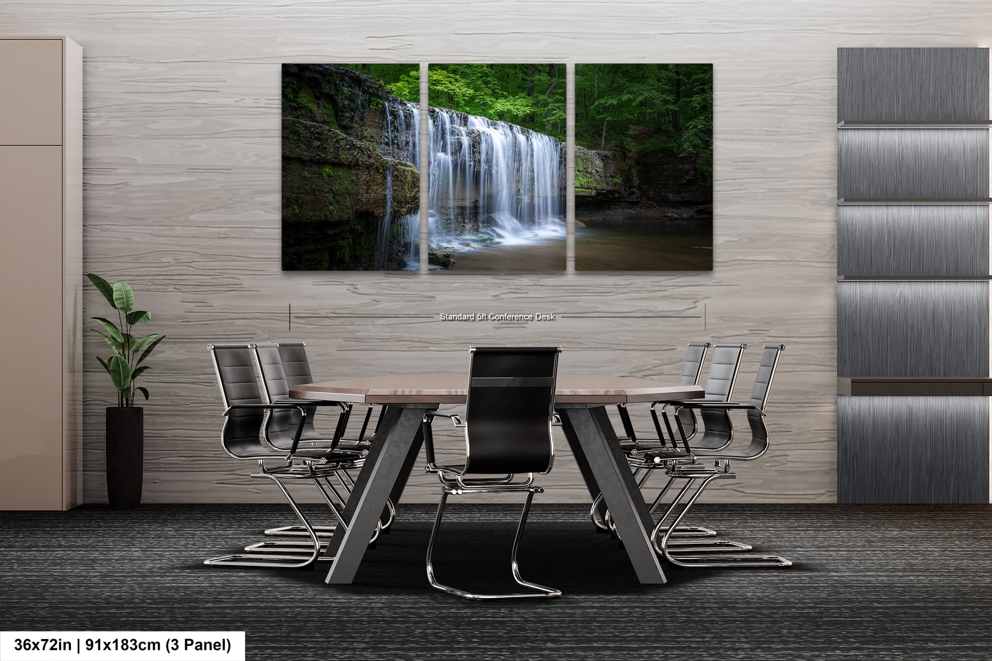 a dining room table with a waterfall in the background