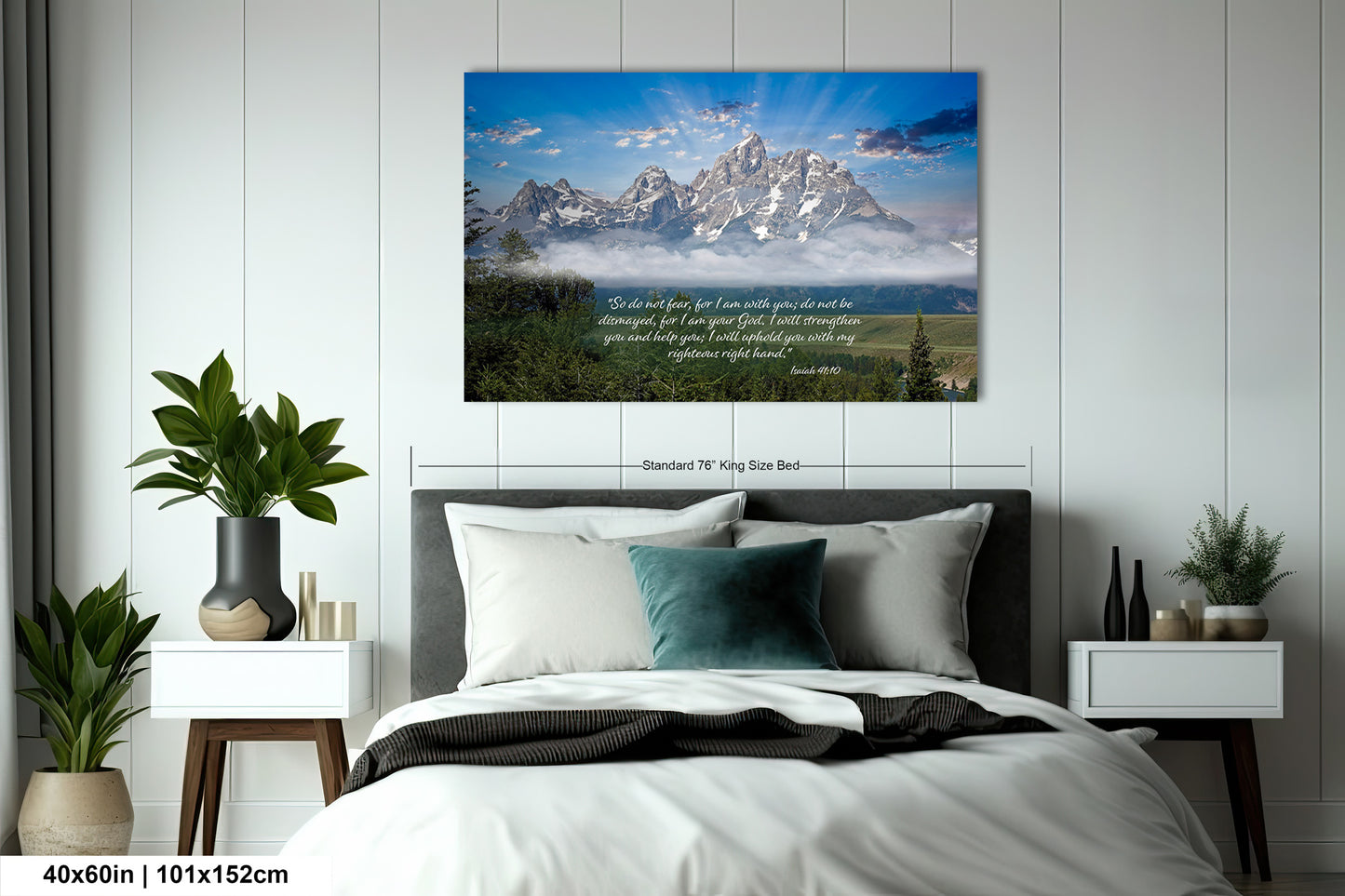 a bedroom with a large poster on the wall