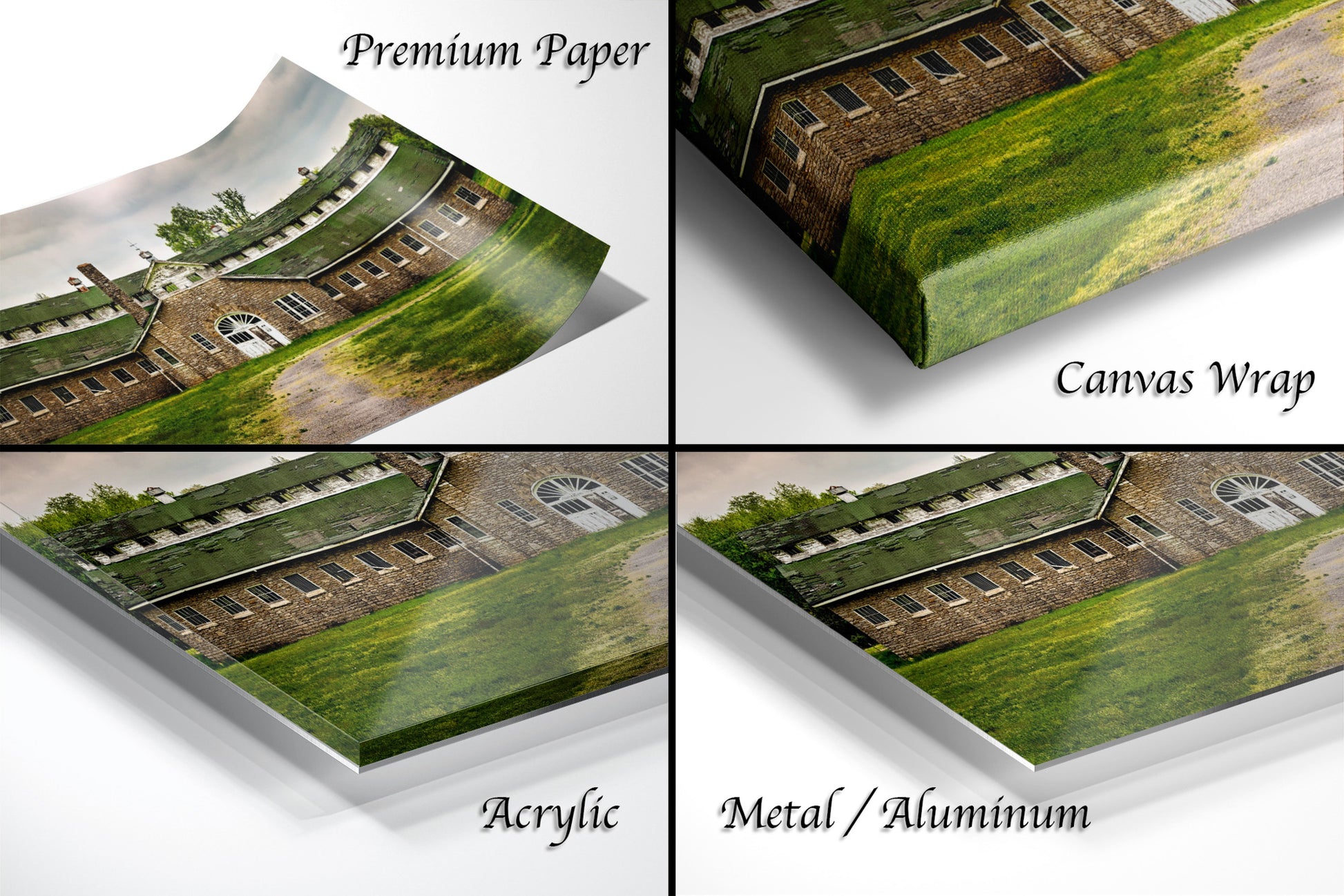 a series of photos of a building with a green roof