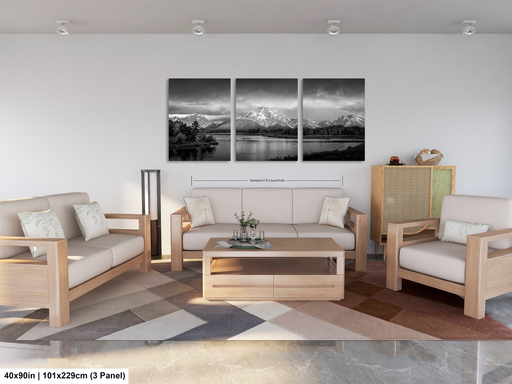 a living room filled with furniture and a painting on the wall