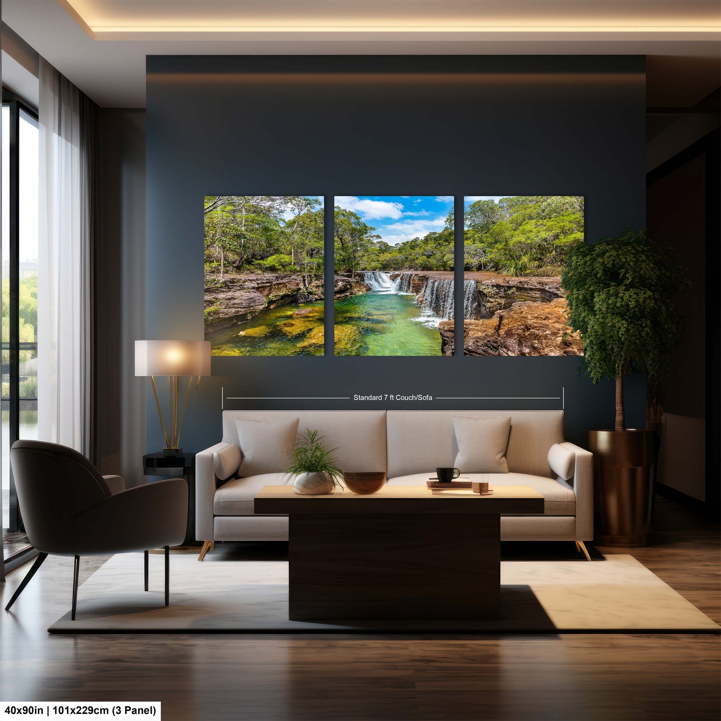 a living room with a couch and a painting on the wall