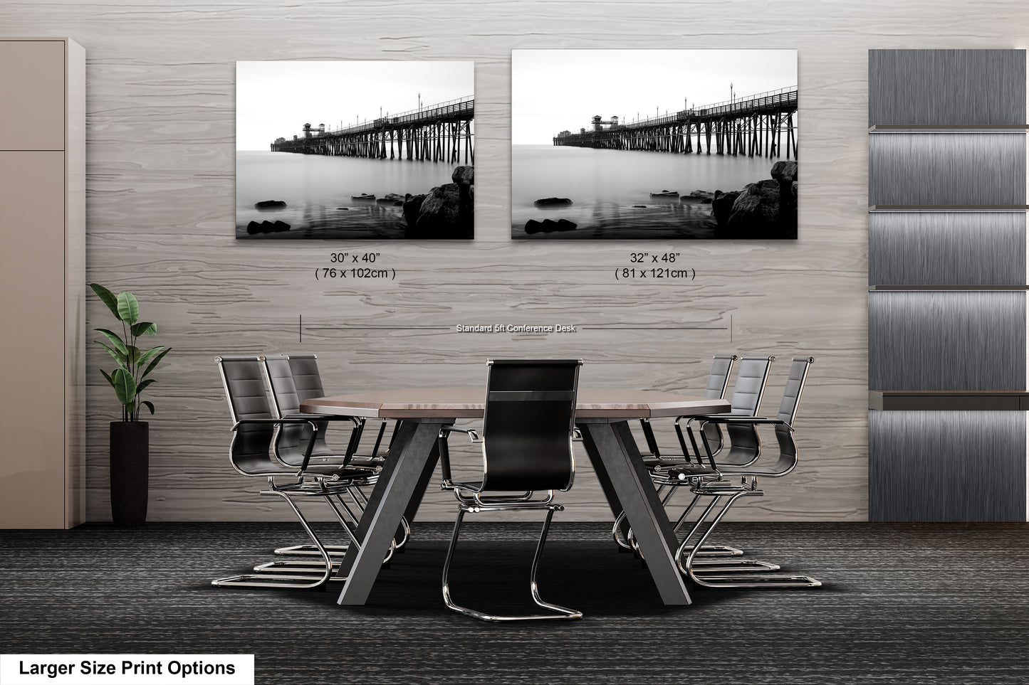 a dining room table with chairs and a picture of a bridge
