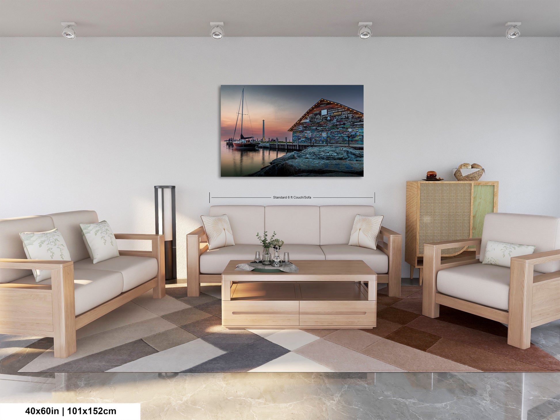 a living room with a large painting of a boat on the wall, a sofa, a coffee table, and a rug.