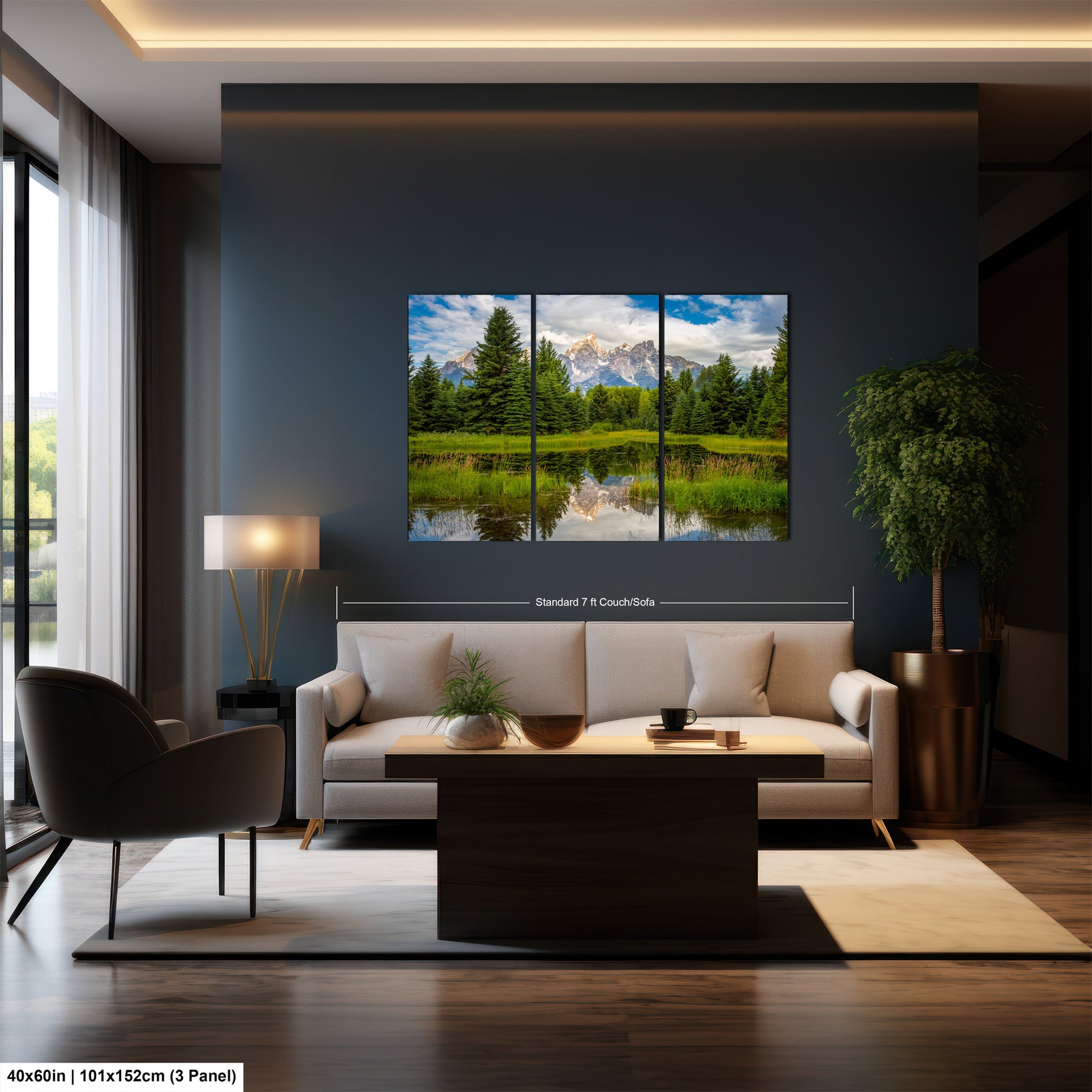 a living room with a couch and a painting on the wall